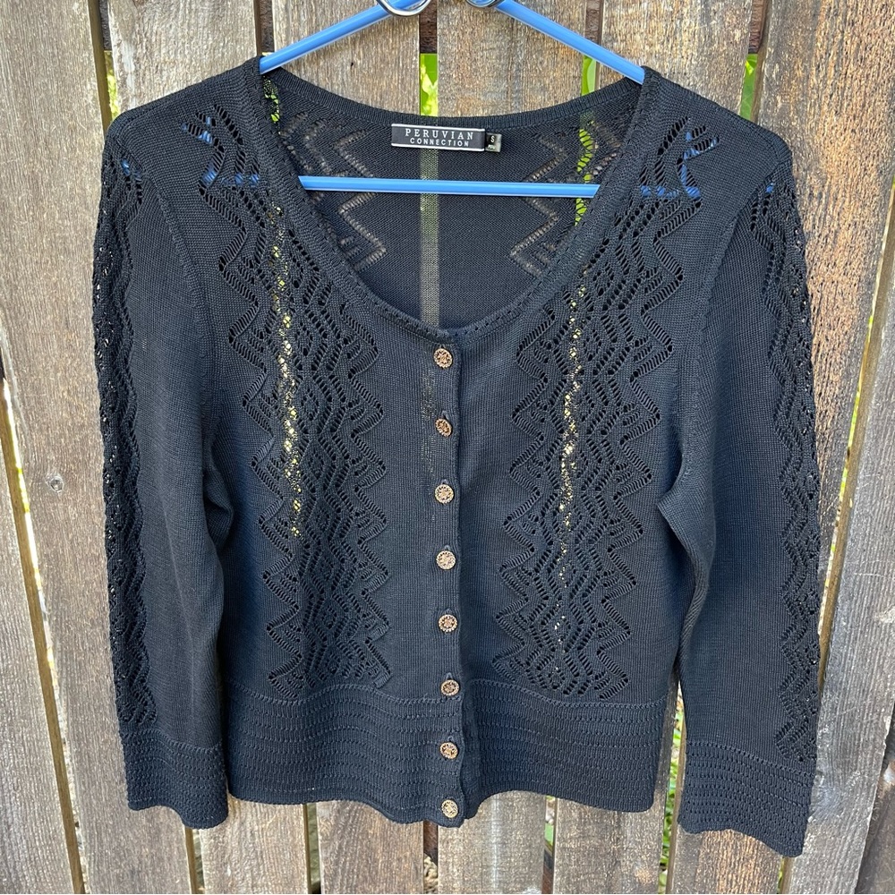 Peruvian Connection Pima Cotton Pointelle Knit Cropped Cardigan Sweater Sz S